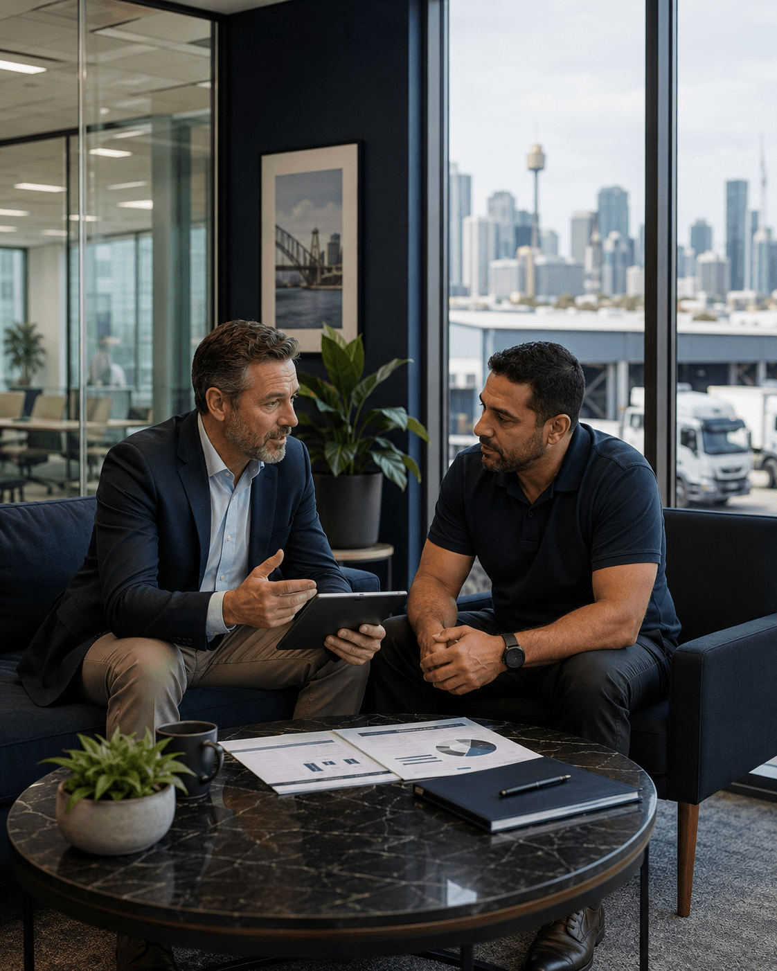 Broker advising a client with Australian transport fleets visible nearby