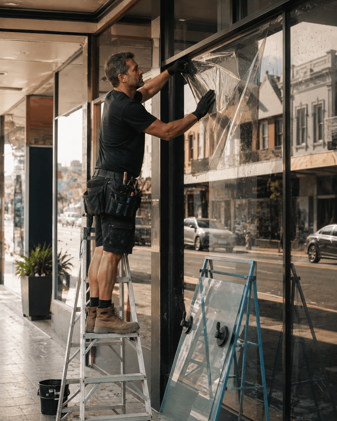 Glazier replacing a shopfront pane on an Australian high street — Ideal Insurance Brokers