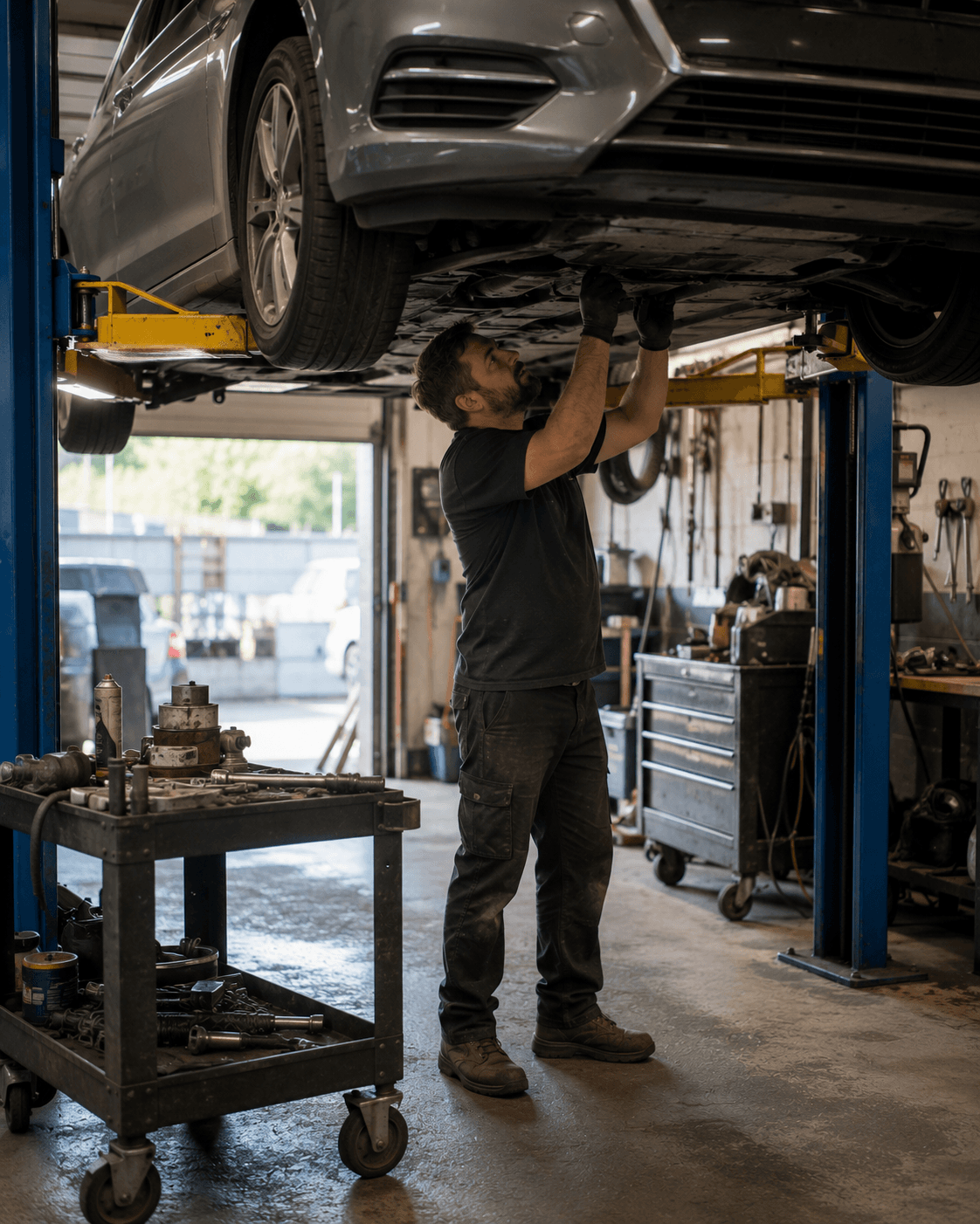 Mechanic working under a hoist in an Australian auto workshop — mechanic insurance
