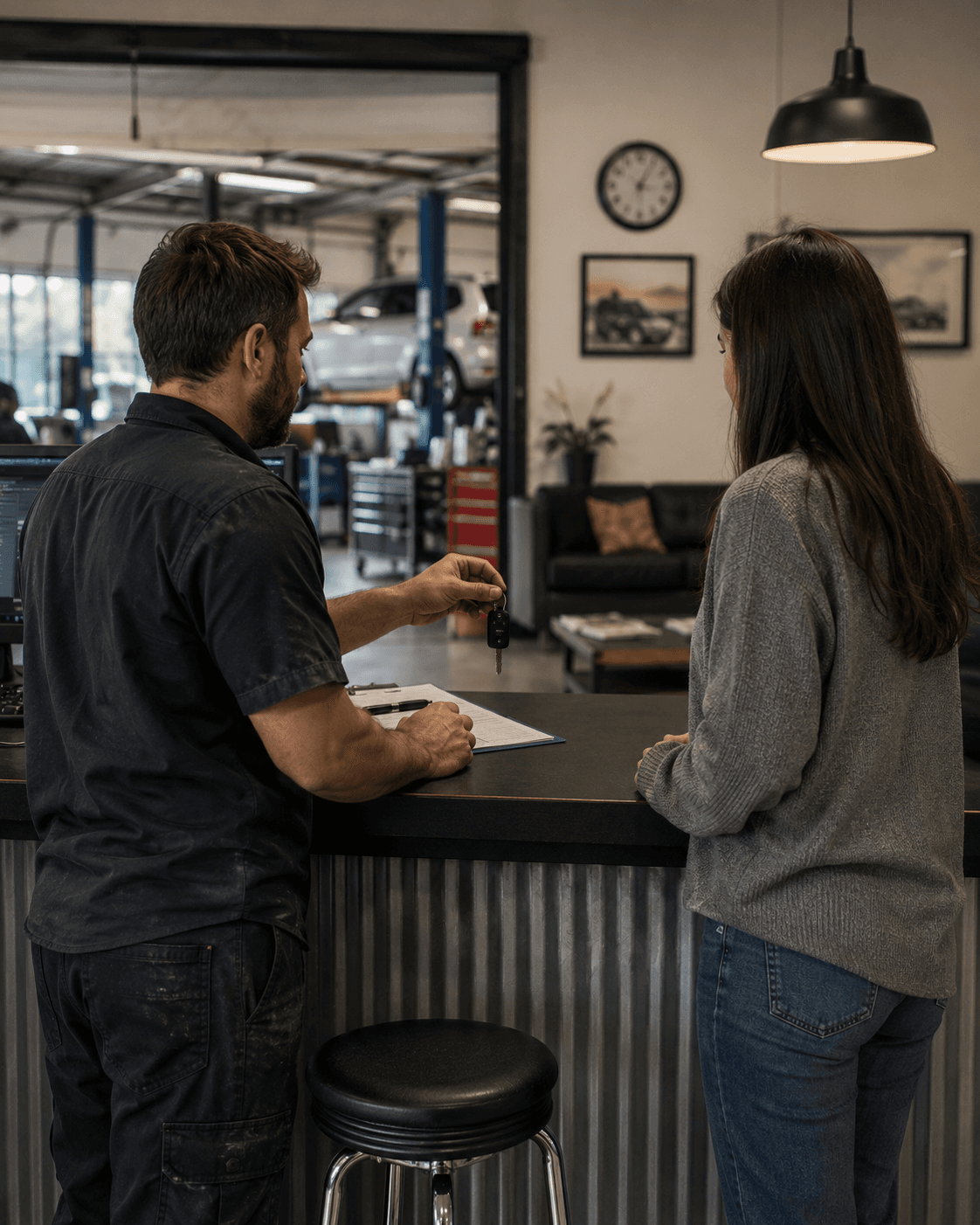 Mechanic at a workshop counter with a customer vehicle on the ramp — Ideal Insurance Brokers