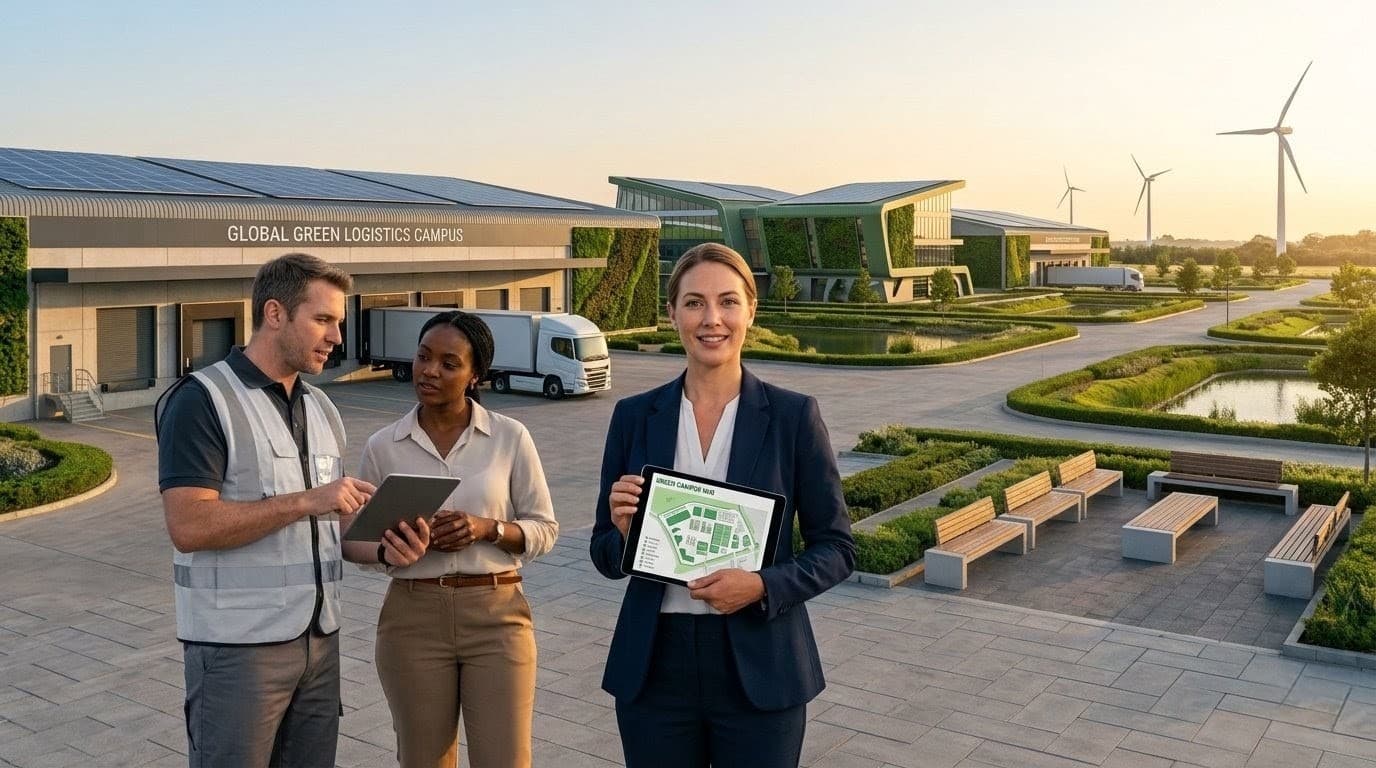 Logistics campus with trucks and warehouse facilities — business insurance