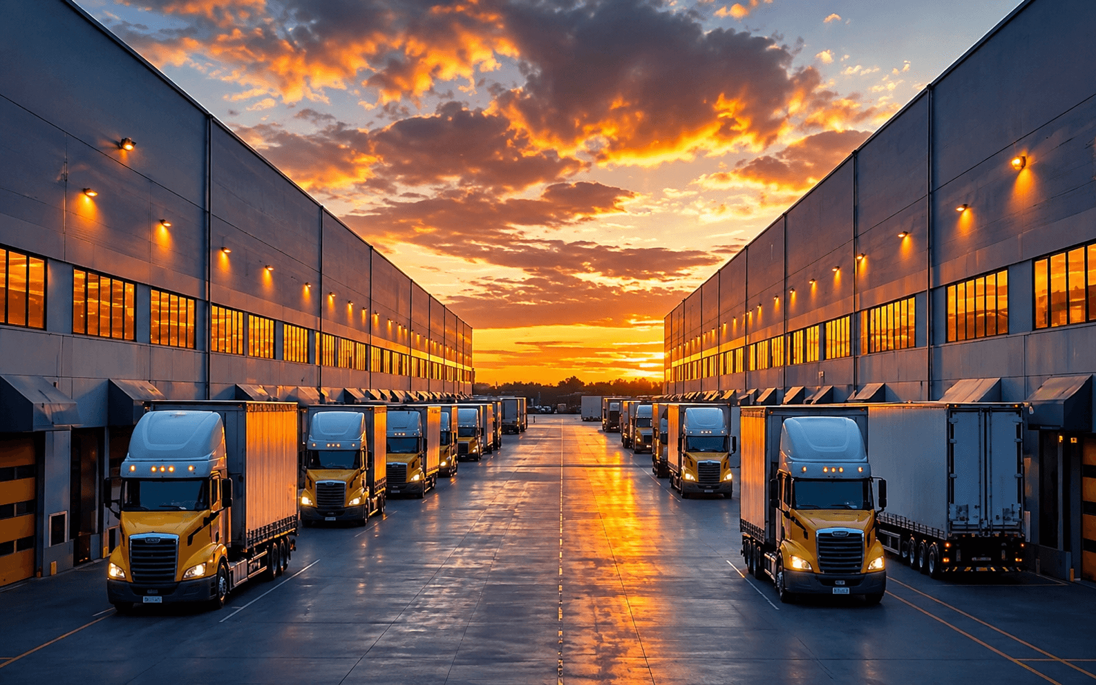 Distribution centre loading docks with a commercial truck fleet