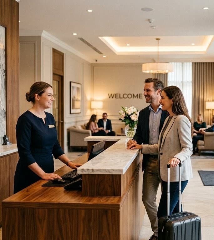 Guests checking in at an Australian motel reception — motel insurance