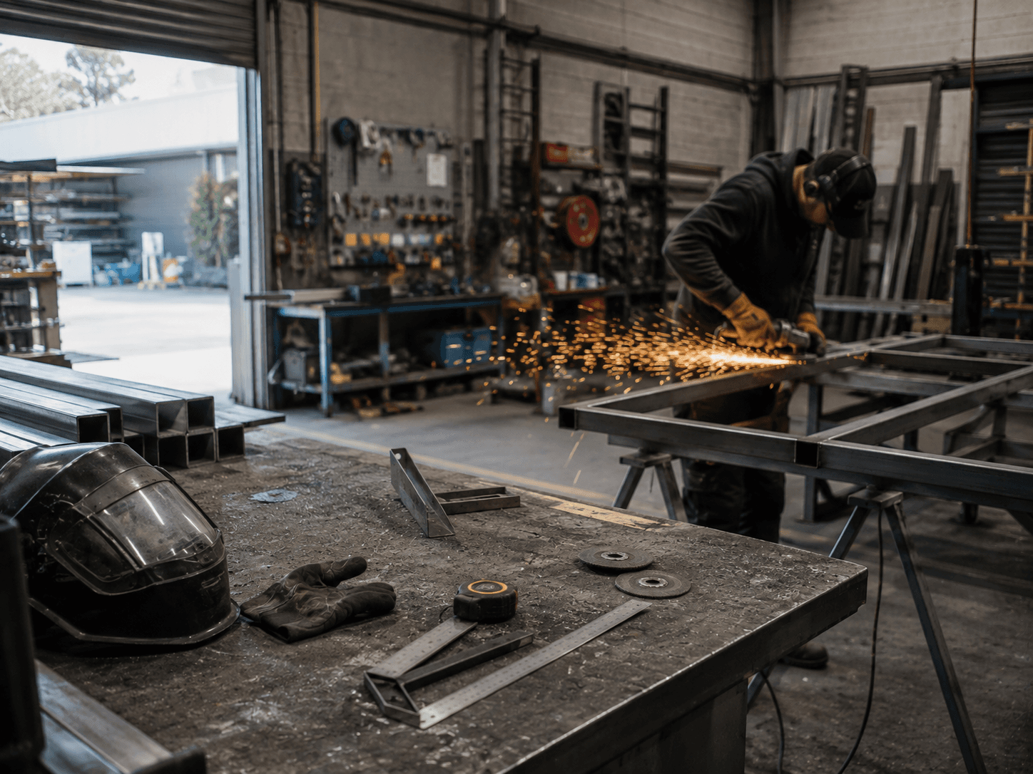 Contractor grinding steel in a trade workshop — contractors