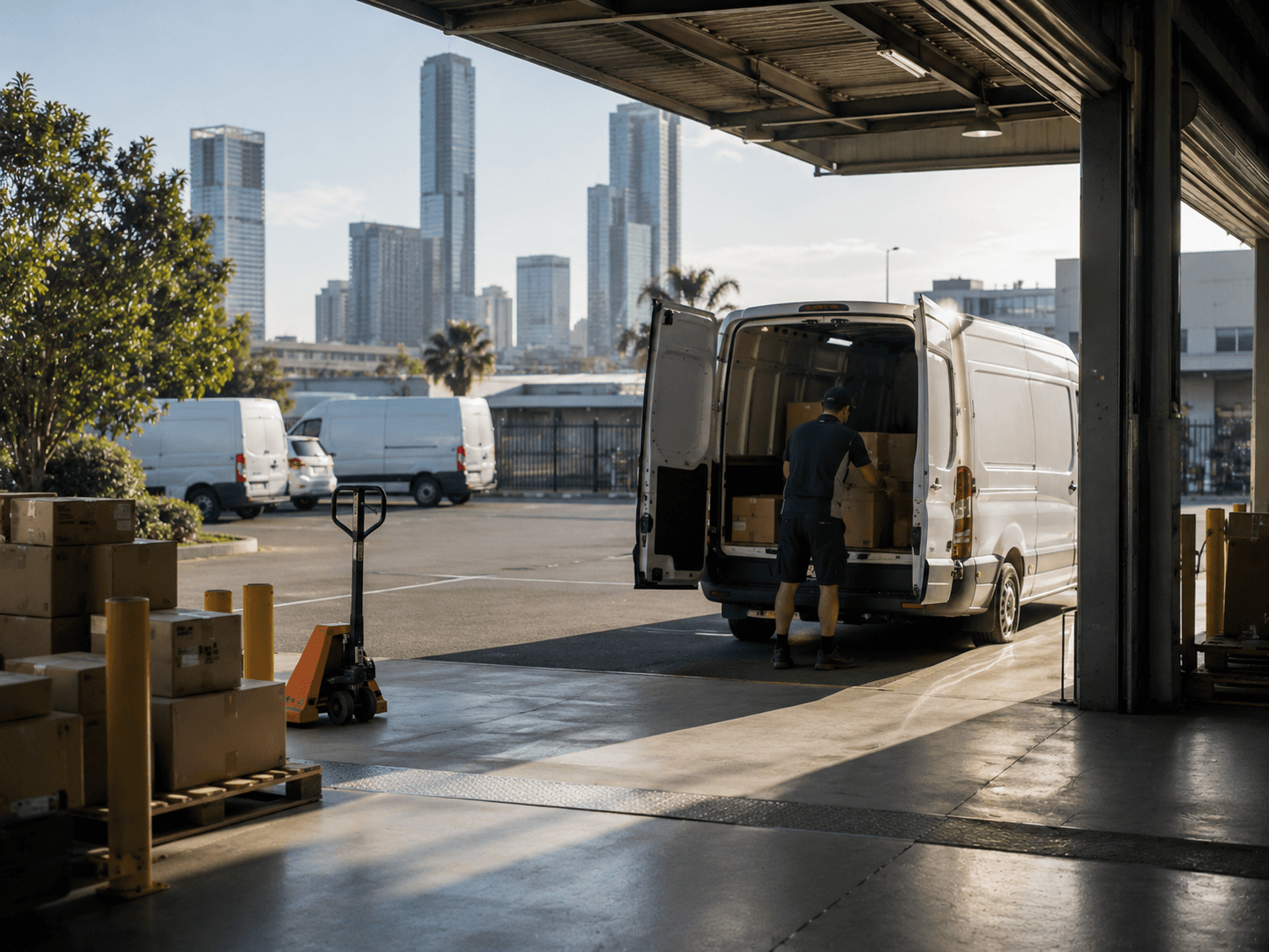 Courier van loading at an urban warehouse — couriers insurance