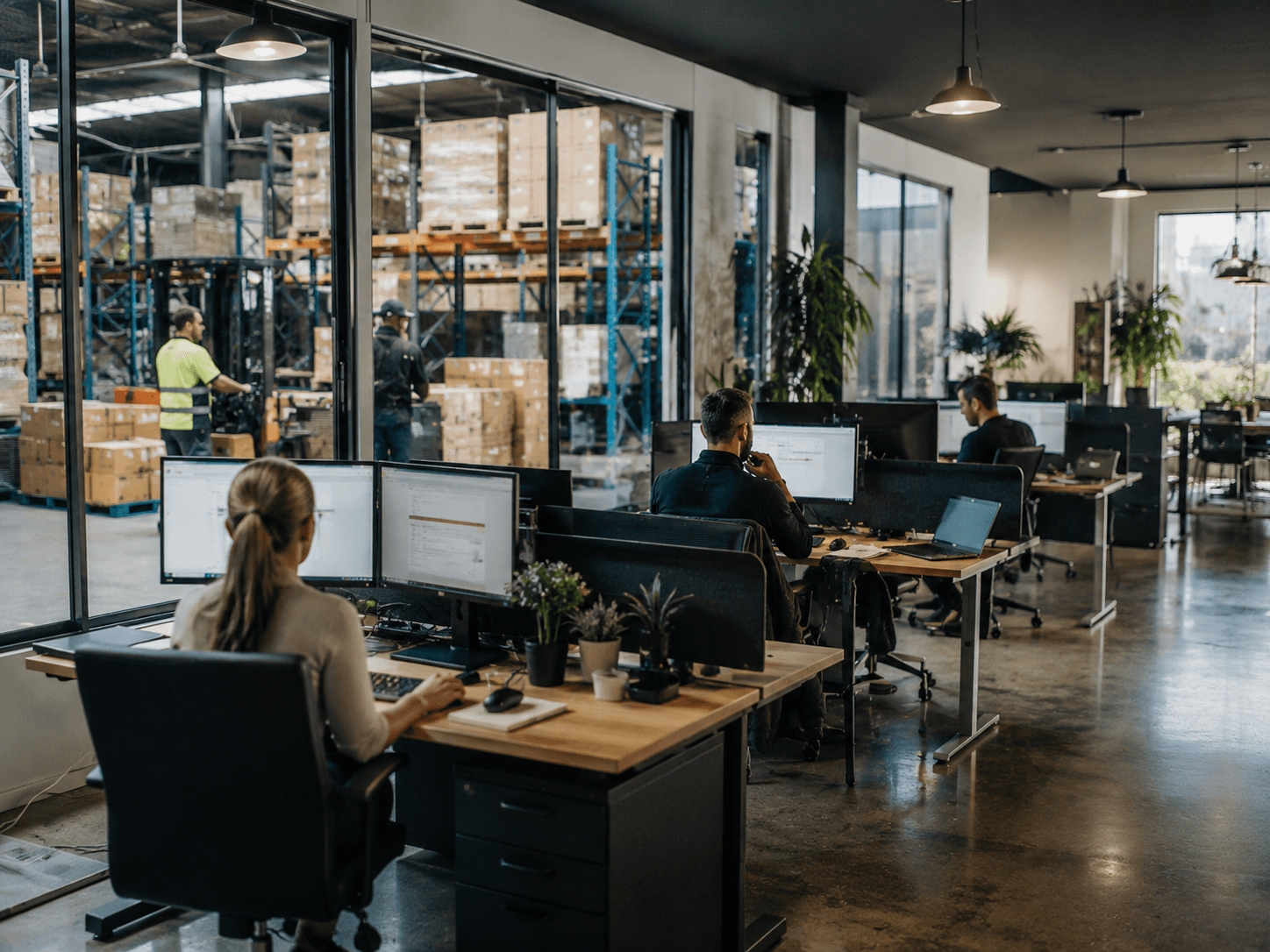 Growing Australian SME office overlooking warehouse — SME insurance
