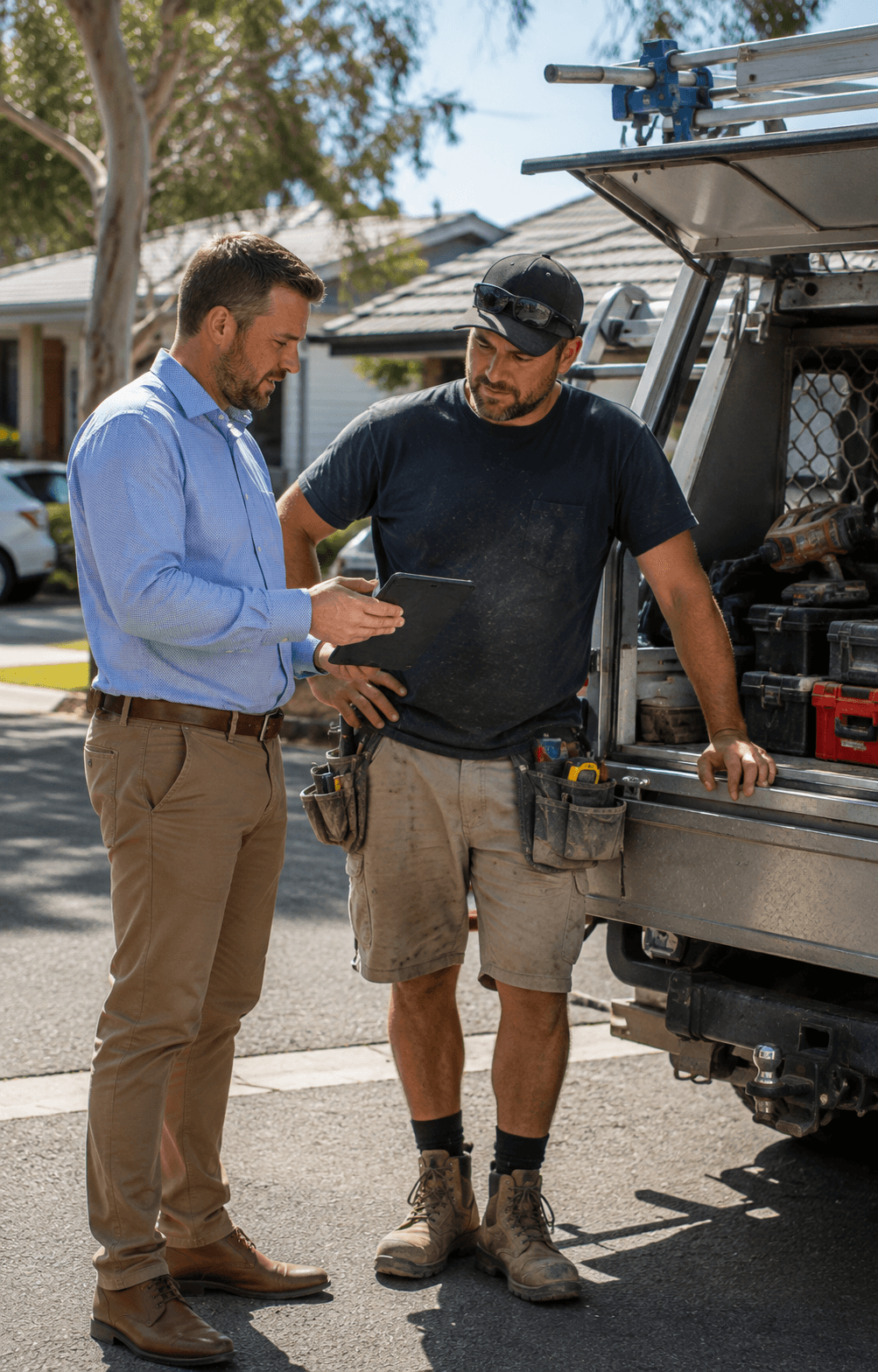 Broker meeting a tradie beside a ute of tools — Ideal Insurance Brokers