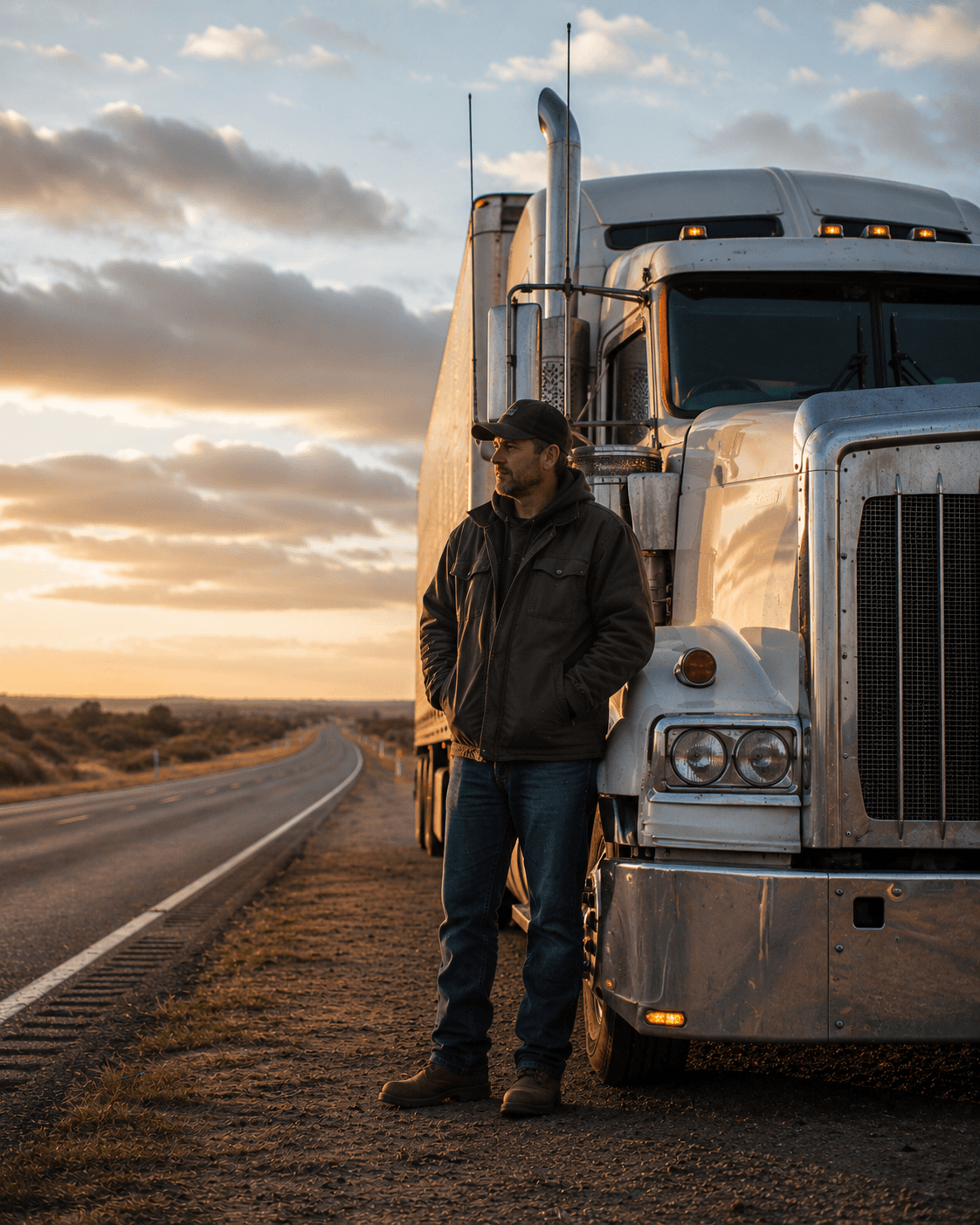 Owner-driver standing beside a prime mover on an Australian highway