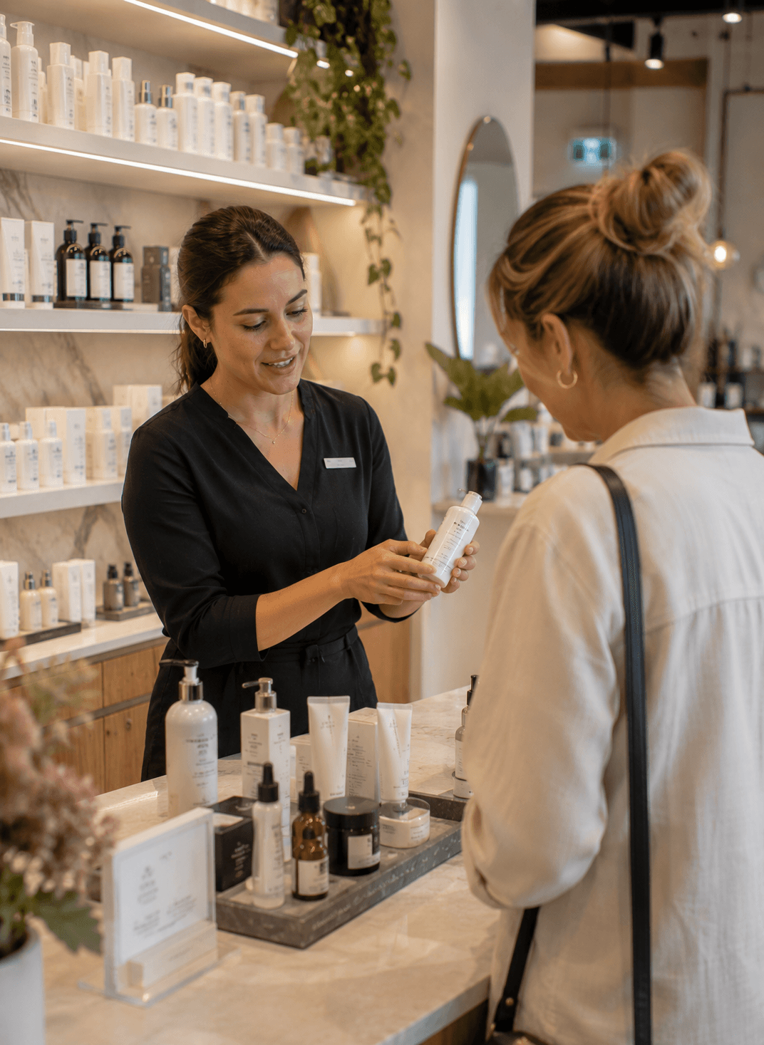 Beauty retail consultant at a cosmetics counter in Australia — beauty shop insurance