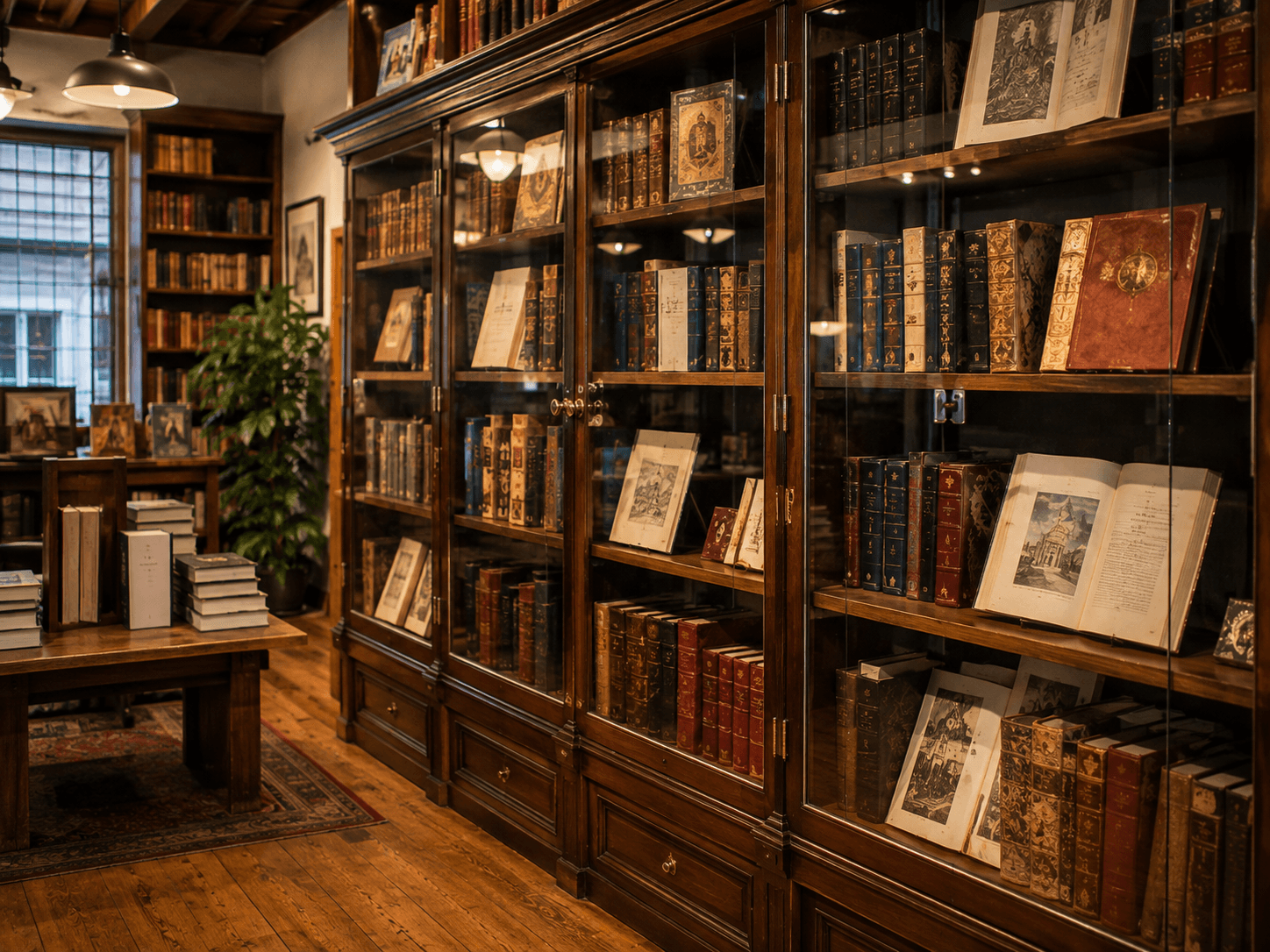 Collector books in a bookshop display cabinet — bookstore insurance