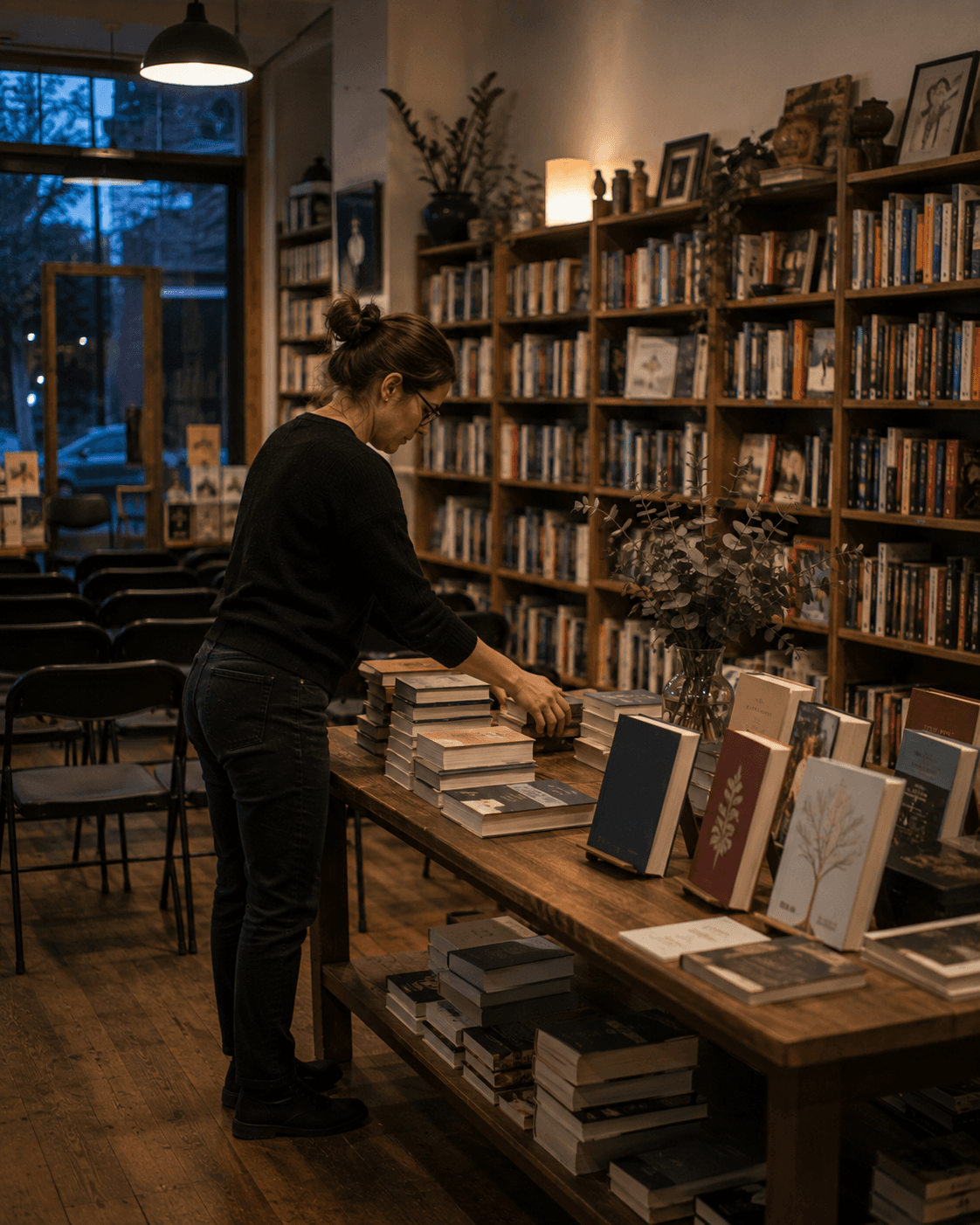 Bookseller preparing a display table in an Australian bookshop — Ideal Insurance Brokers