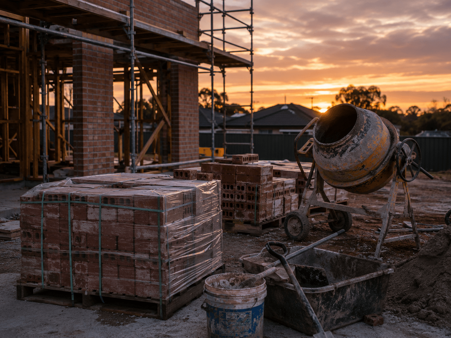Brick packs and tools on an Australian bricklaying worksite — bricklayers insurance