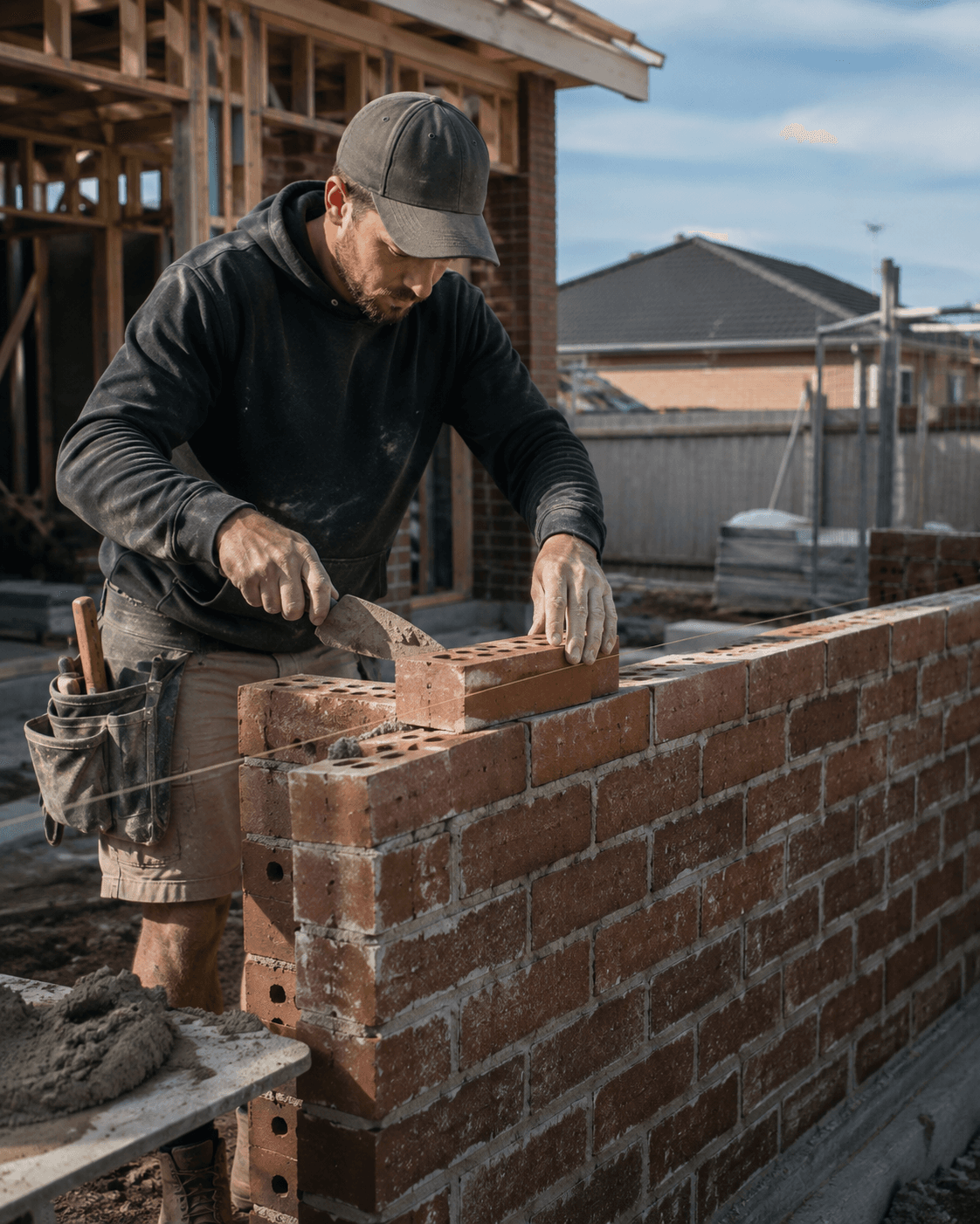 Bricklayer laying a residential brick wall on an Australian site — bricklayers insurance