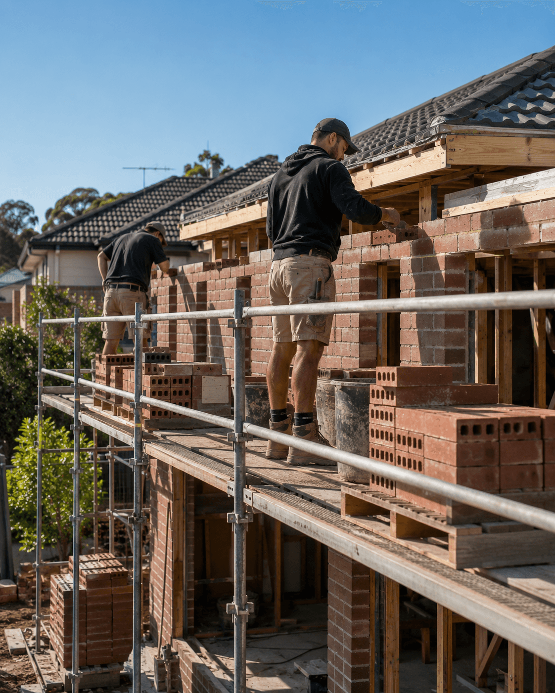Bricklayers working on a suburban Australian extension — Ideal Insurance Brokers