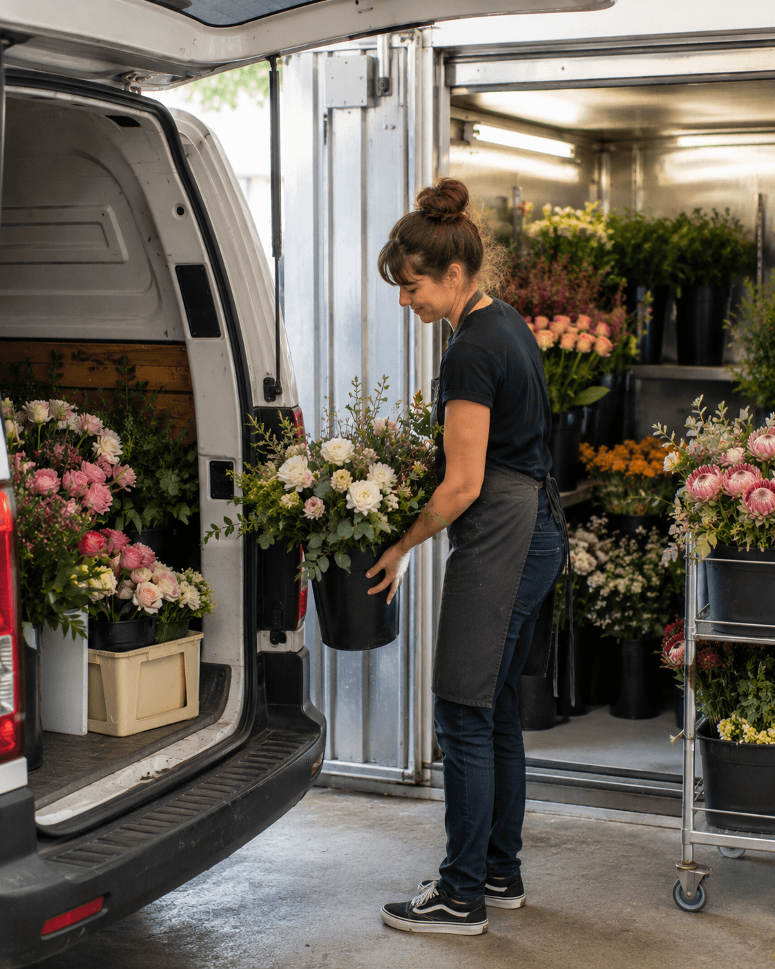 Flower shop cool room and delivery van being loaded — florist insurance