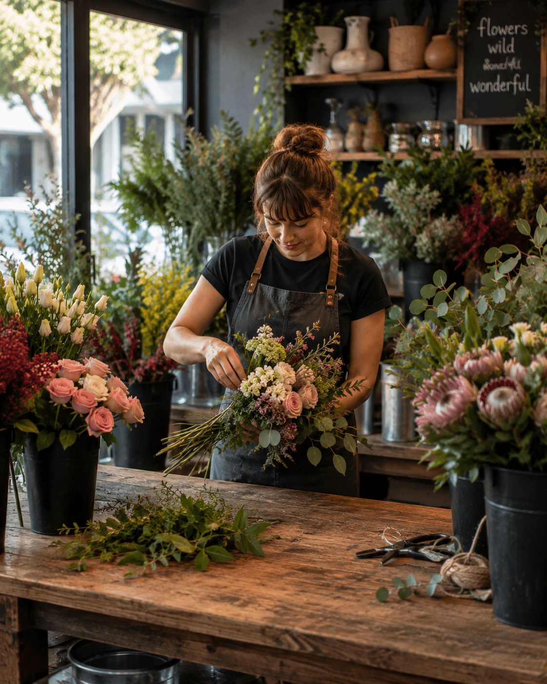 Florist arranging a bouquet in an Australian flower shop — florist insurance
