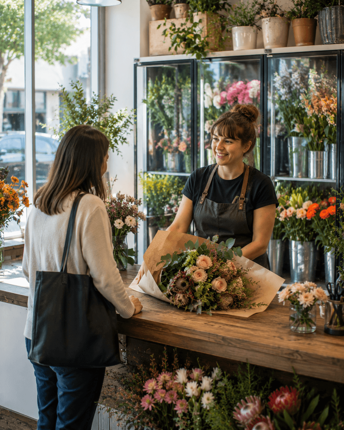 Florist at the counter of an Australian flower shop — Ideal Insurance Brokers