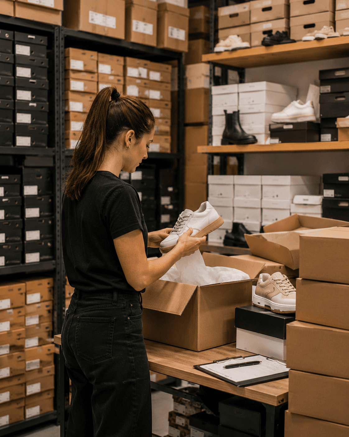 Staff unpacking shoeboxes in a footwear store stockroom — Ideal Insurance Brokers