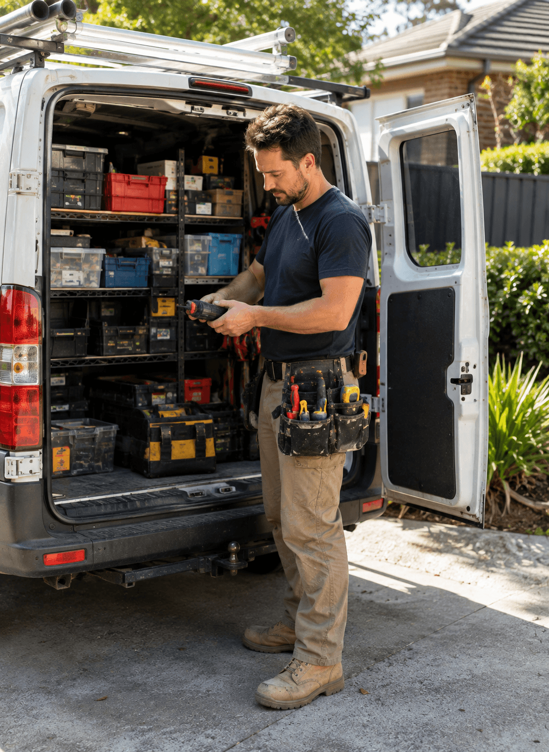 Handyman at a trade van on a suburban Australian driveway — Ideal Insurance Brokers