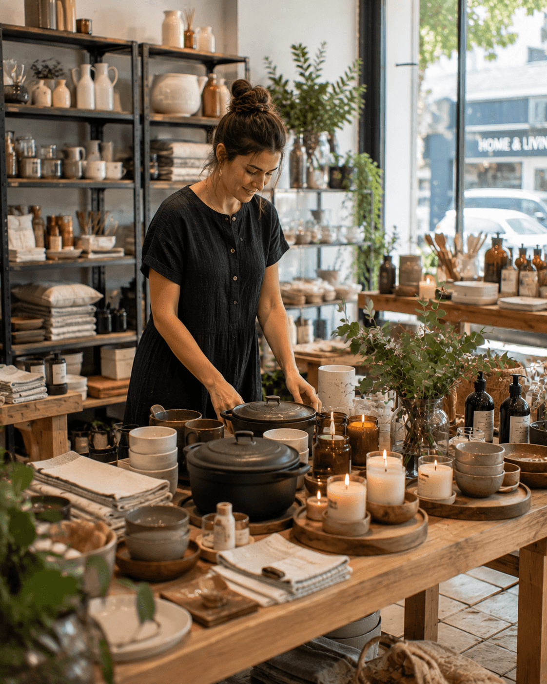 Retailer arranging a homewares display table — Ideal Insurance Brokers