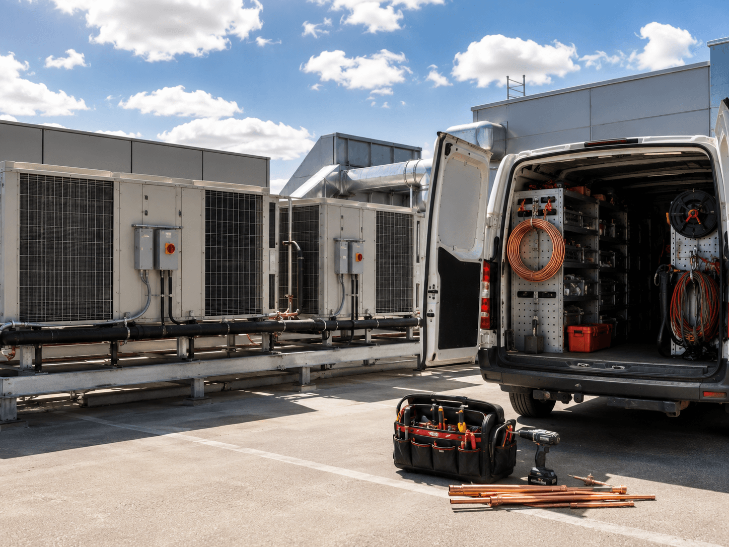 HVAC trade van and rooftop plant on an Australian commercial site — HVAC insurance