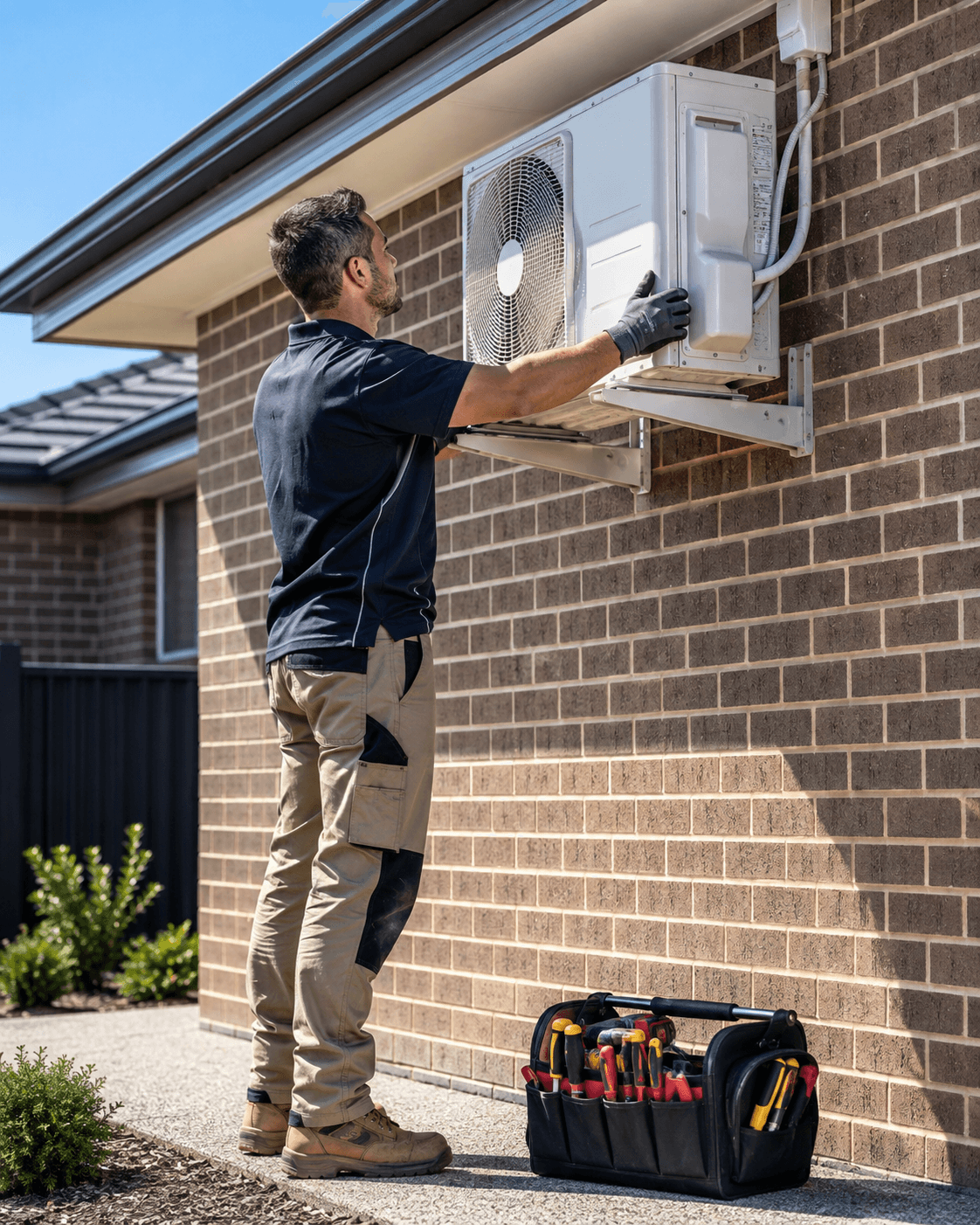 Air-conditioning technician installing a split system on an Australian home — HVAC insurance