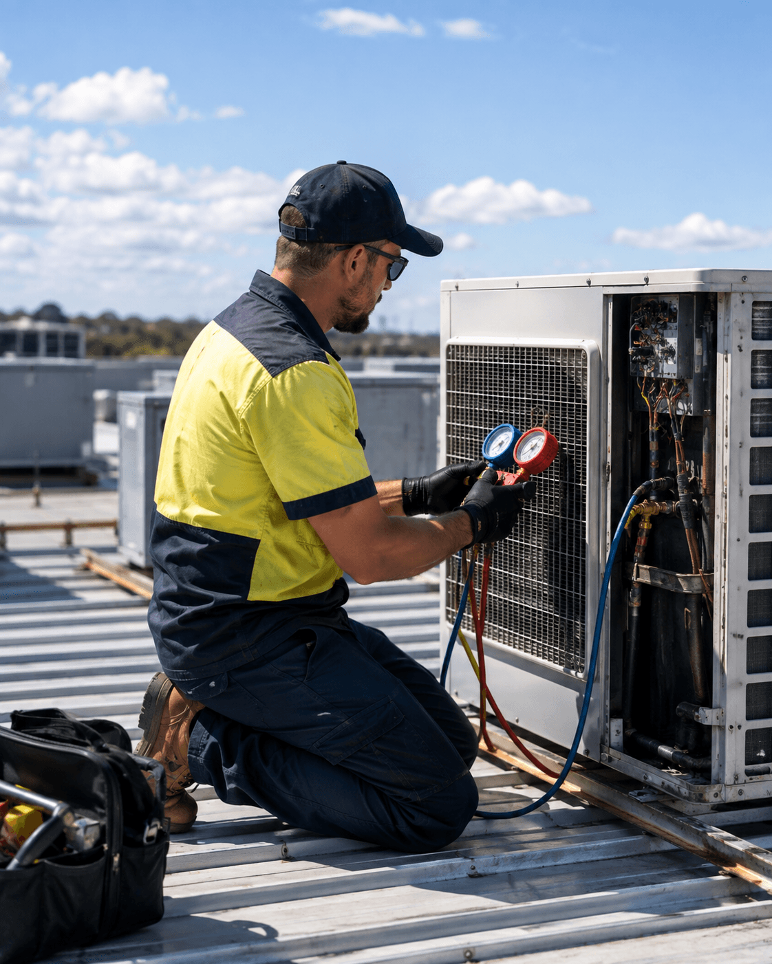 Refrigeration mechanic working on a commercial condenser — Ideal Insurance Brokers