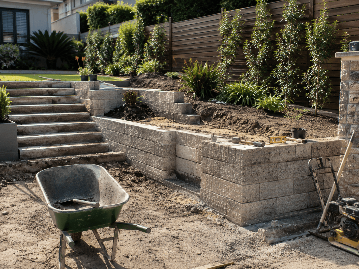 Landscaping paving and tools on an Australian outdoor job — landscapers insurance
