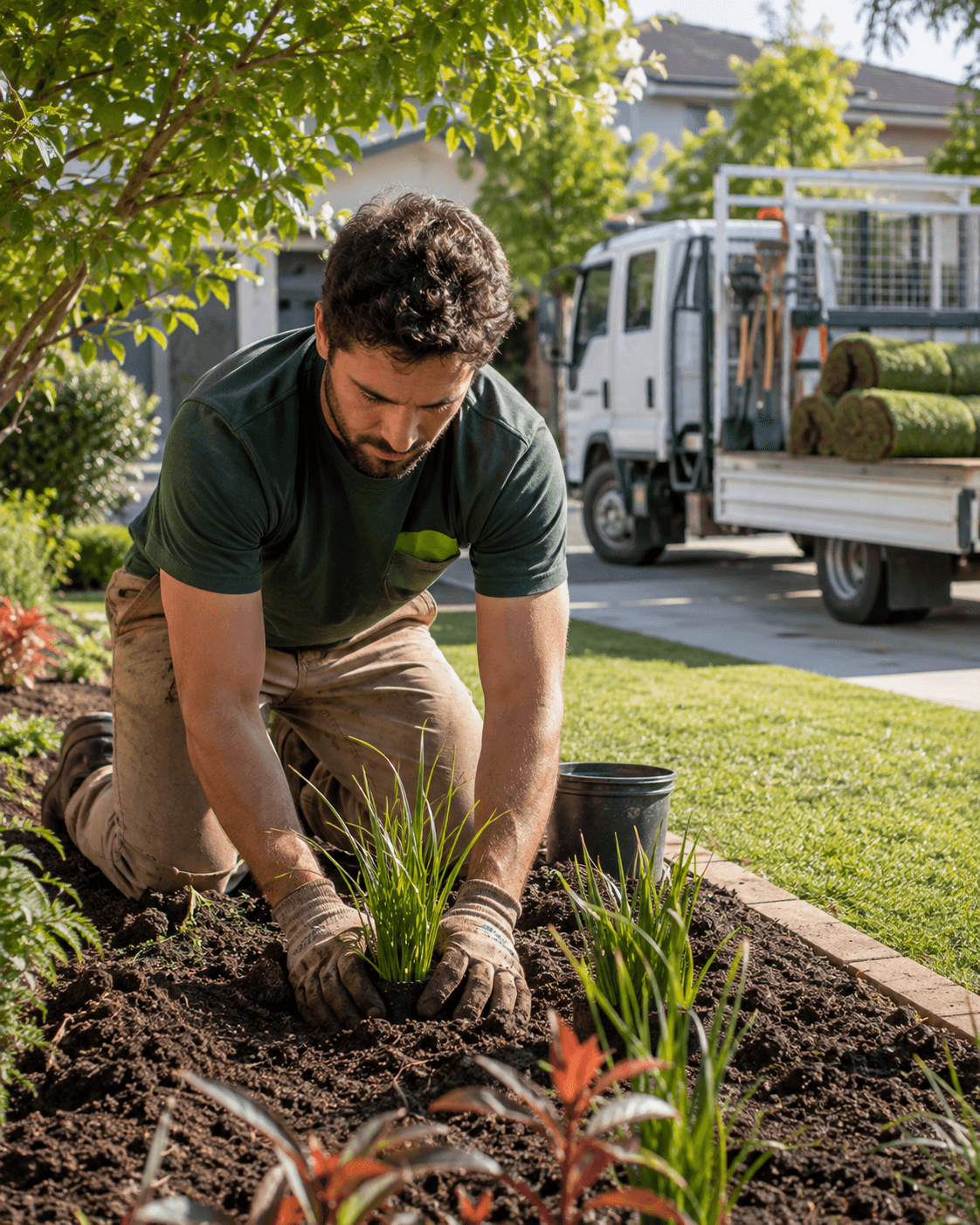 Landscaper planting in an Australian suburban garden — landscapers insurance