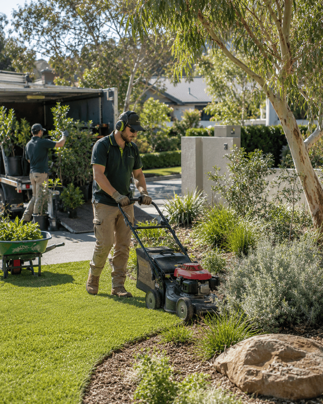 Landscaping crew with a mower and native plants — Ideal Insurance Brokers