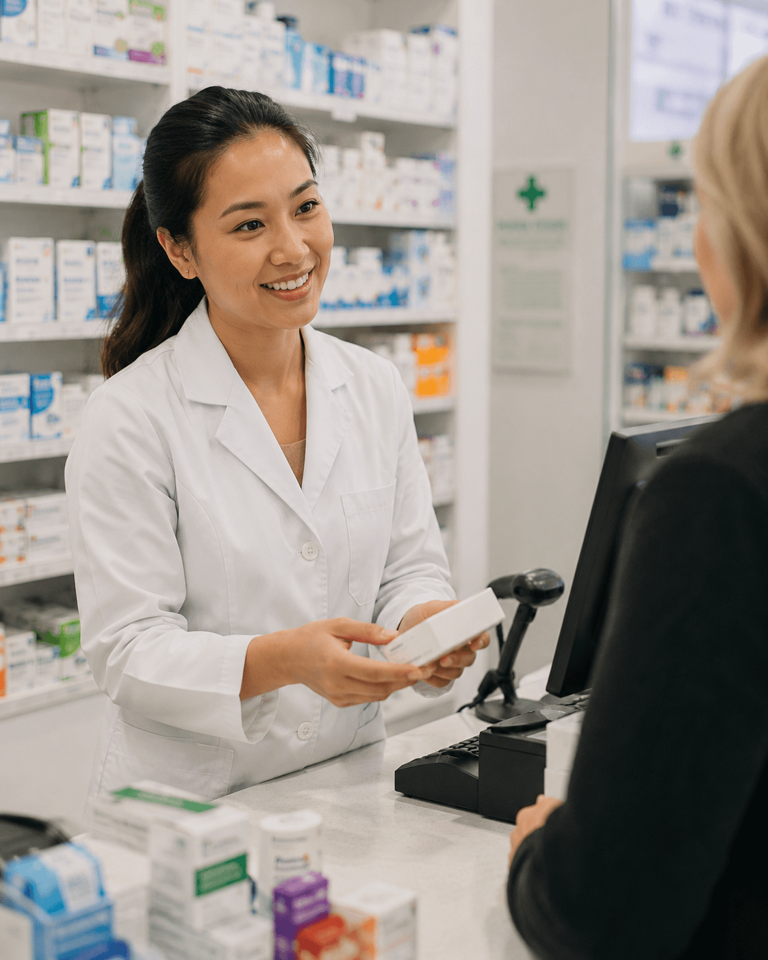 Community pharmacist at a dispensary counter in an Australian pharmacy — pharmacy insurance