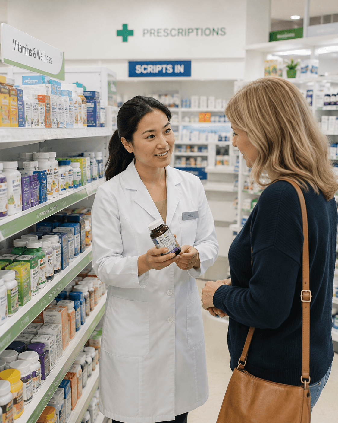 Pharmacist speaking with a customer on an Australian pharmacy floor — Ideal Insurance Brokers