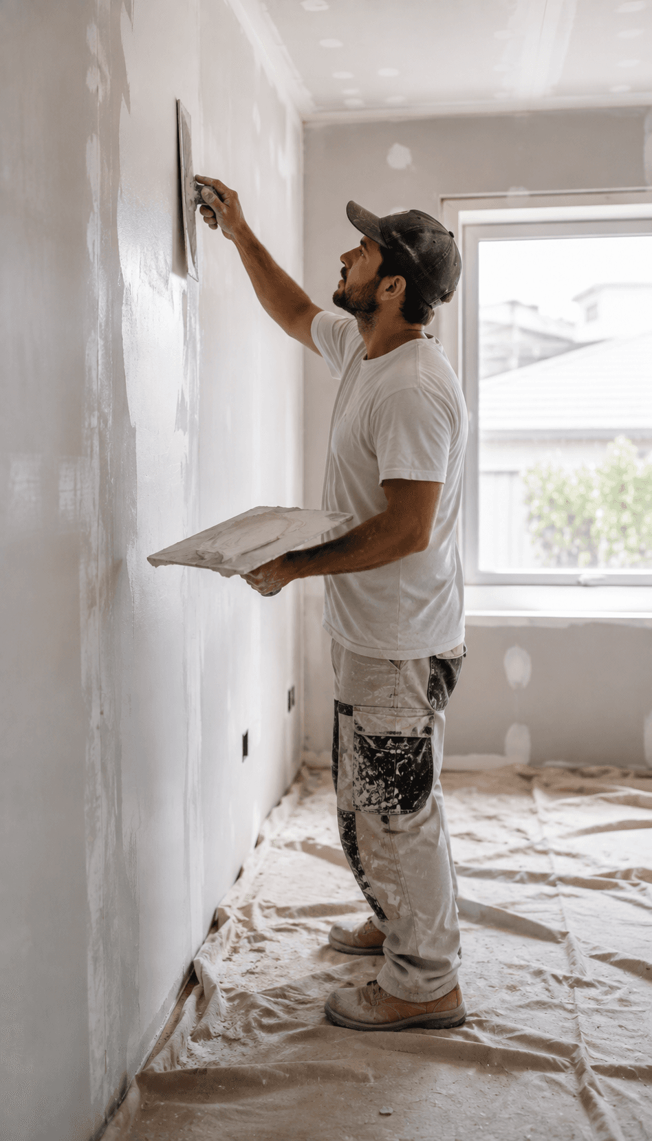 Plasterer skimming a wall on an Australian residential site — plasterers insurance