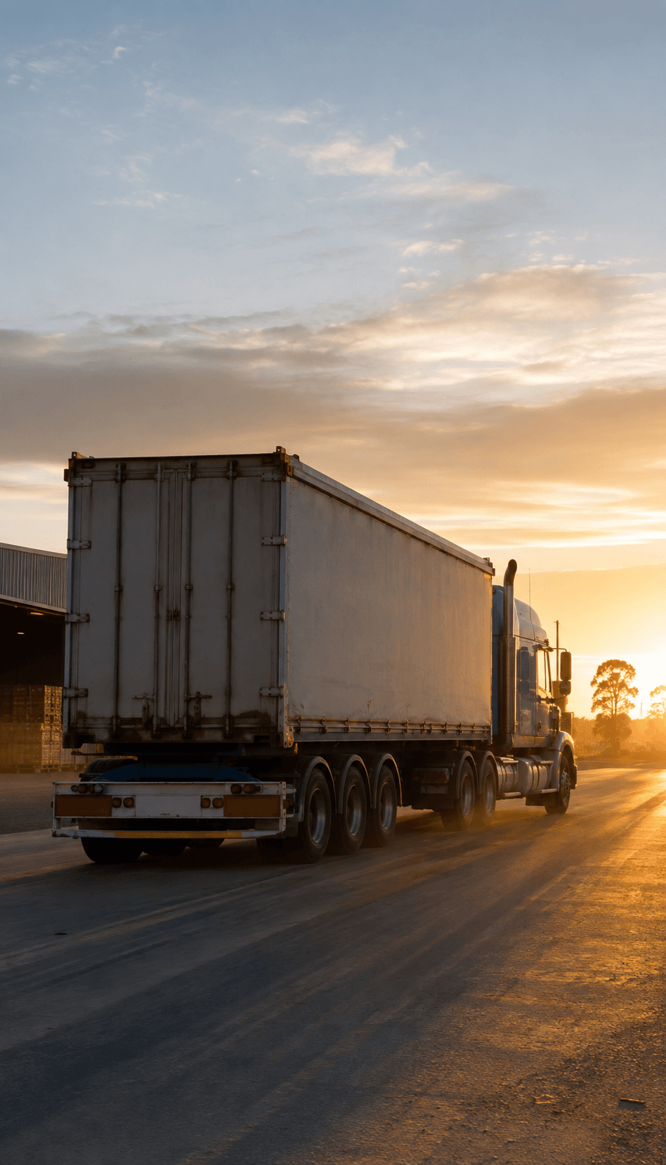 Prime mover and trailer leaving an Australian transport yard