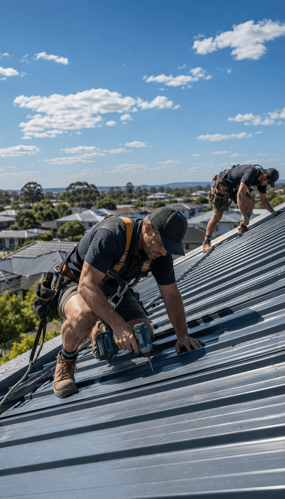 Roofers installing metal roofing on an Australian house — roofers insurance