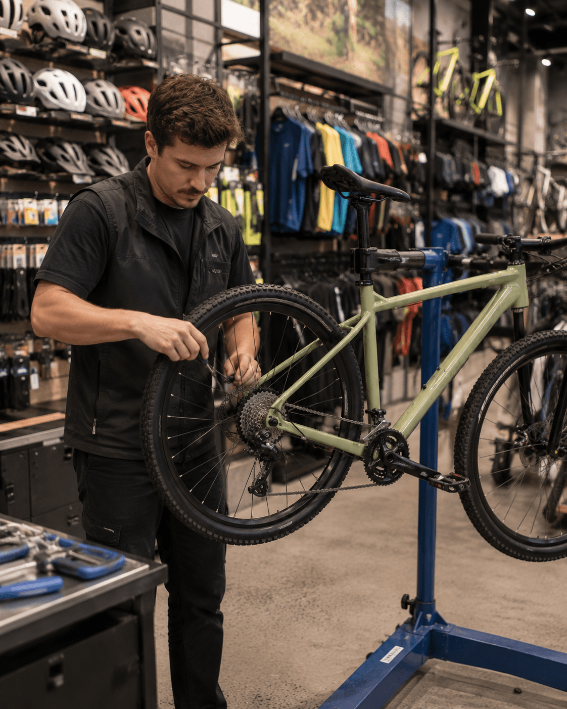 Staff adjusting a bicycle in an Australian sporting goods store — Ideal Insurance Brokers