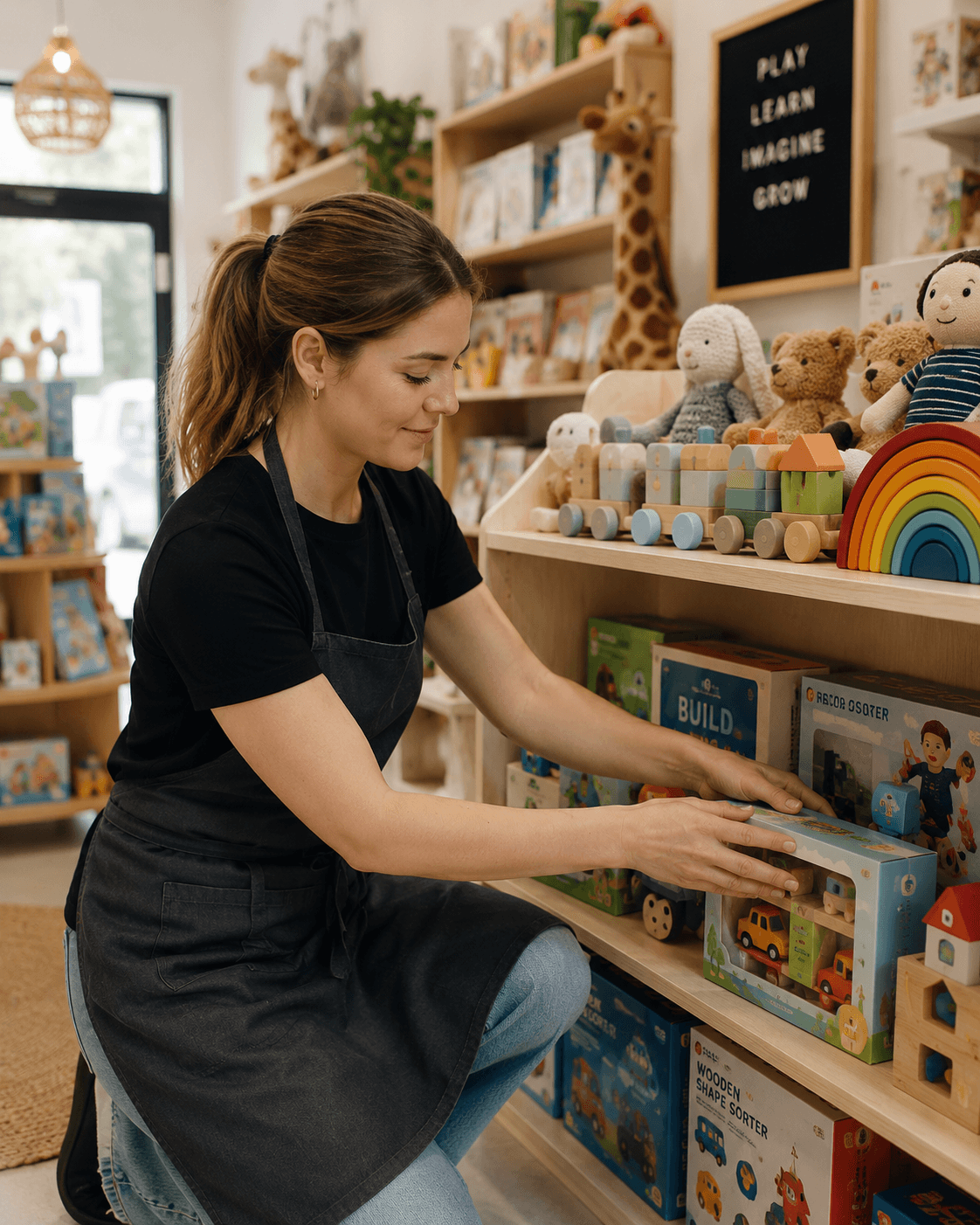 Independent Australian toy shop with staff arranging shelves — toy shop insurance