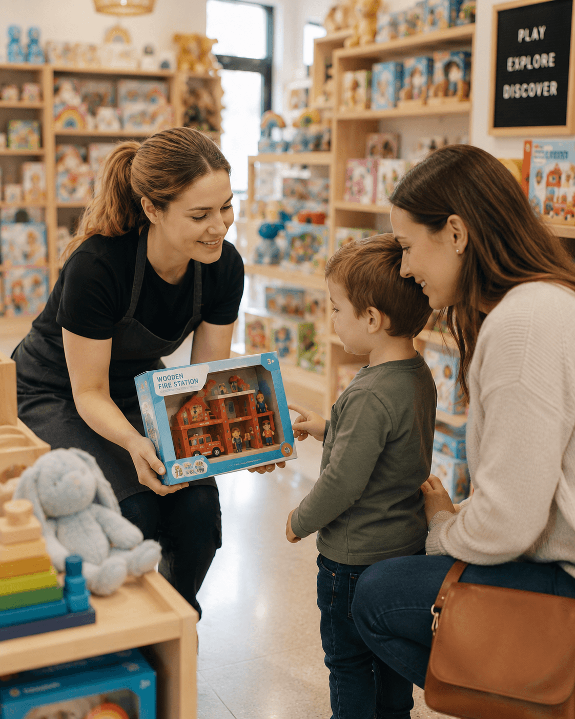 Toy shop staff helping a family in an Australian store — Ideal Insurance Brokers