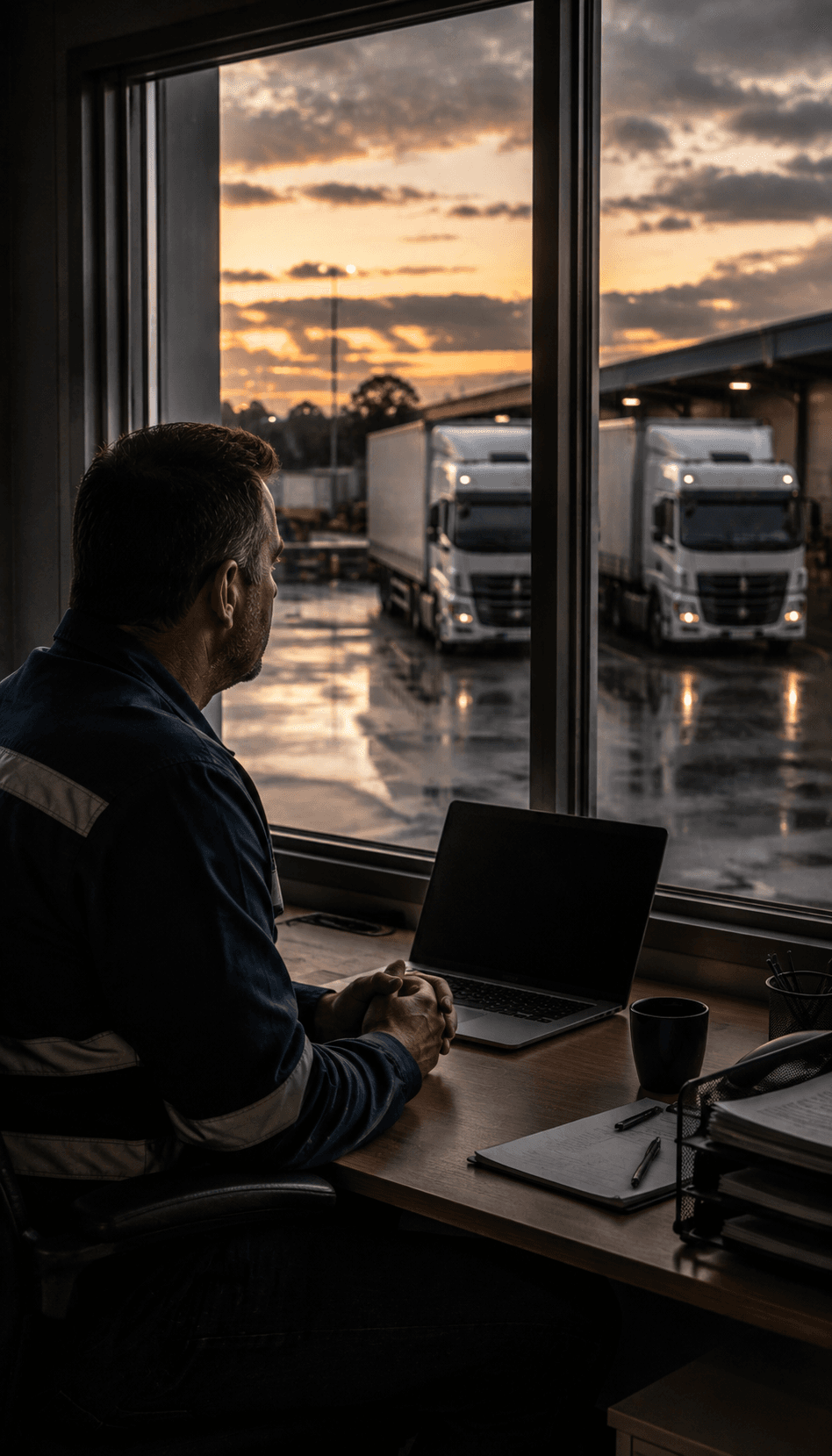 Fleet manager overlooking trucks at an Australian transport depot