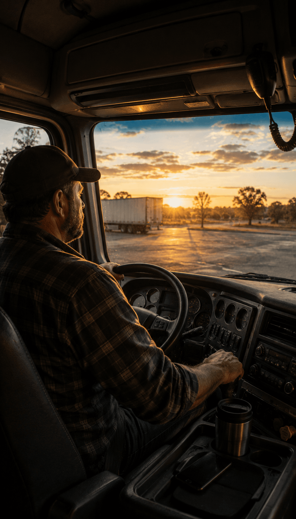 Long-haul truck driver in the cab on an Australian highway