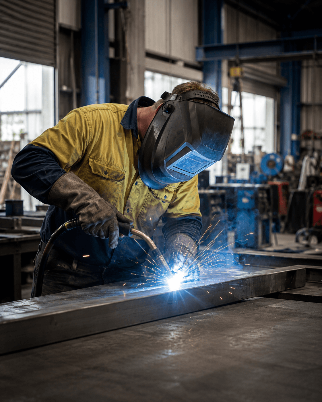 Welder fabricating steel in an Australian workshop — welders insurance