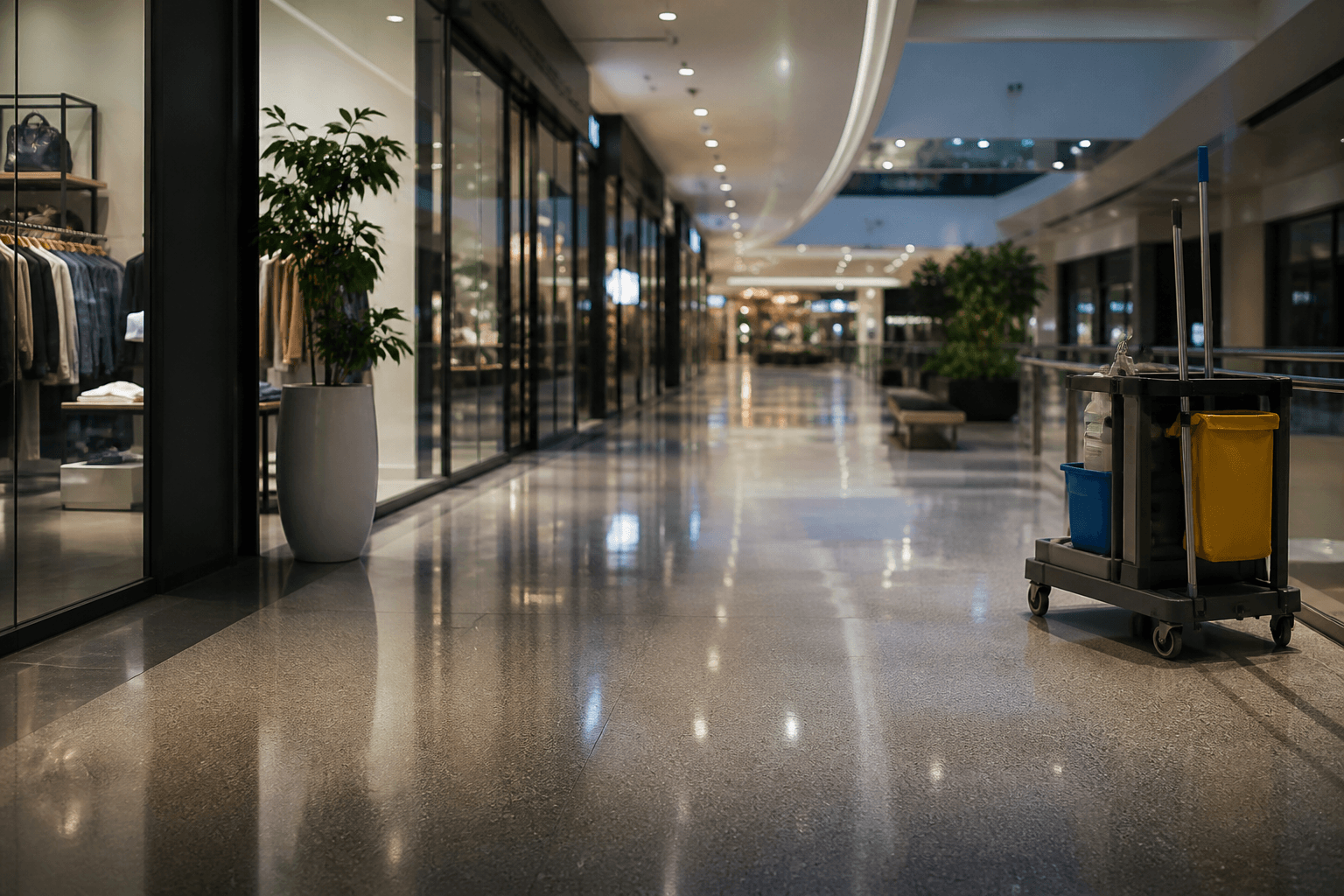 Modern shopping centre corridor prepared by commercial cleaning services