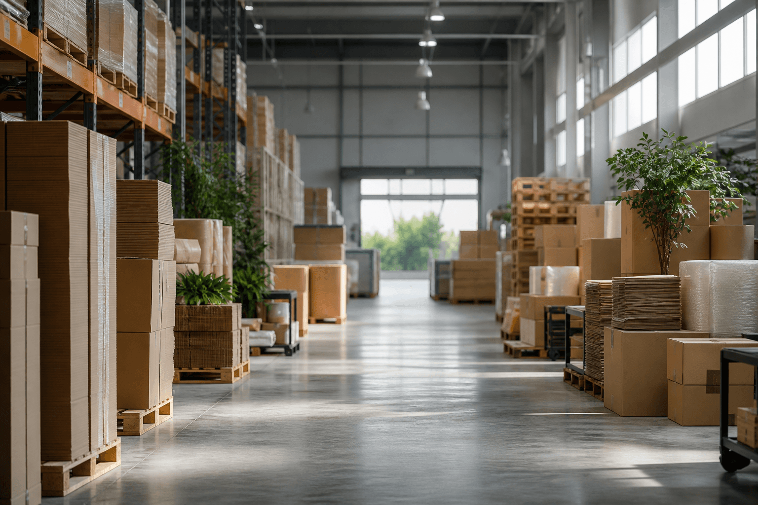 Warehouse with eco packaging materials ready for dispatch