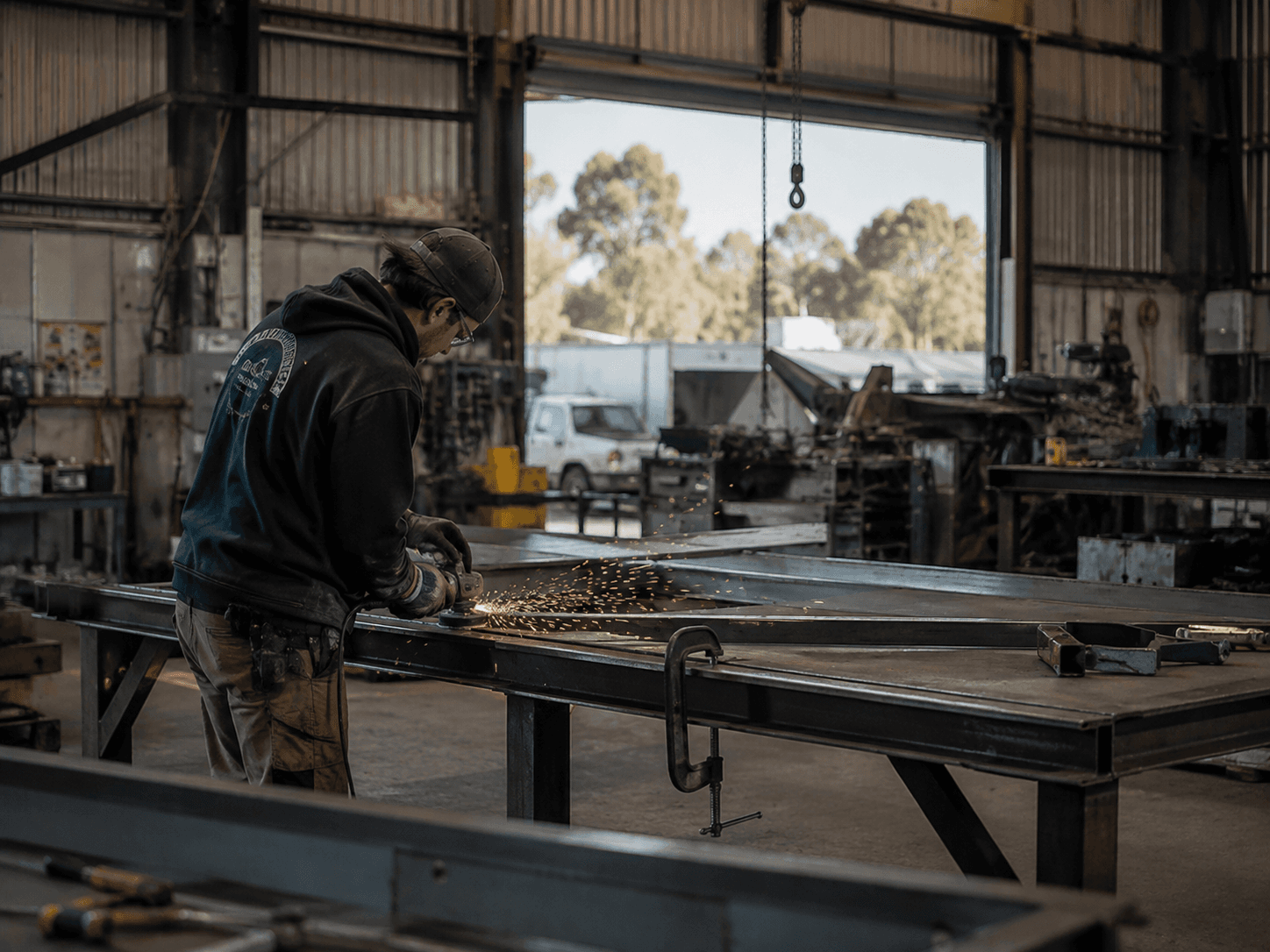 Tradesperson grinding metal in a workshop — trades insurance