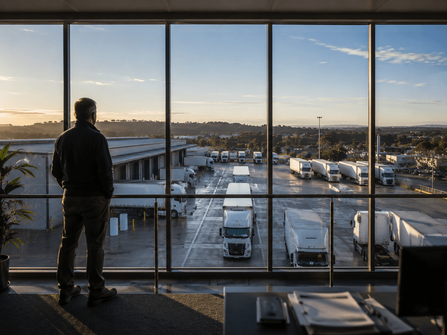 Fleet manager overlooking trucks from a depot office — truck insurance